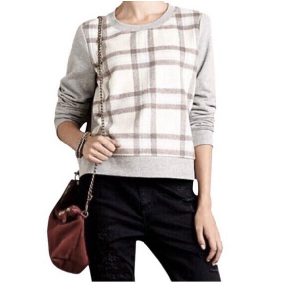 Anthropologie Saturday Sunday Plaid Gray Cropped Sweater Small - Picture 8 of 8